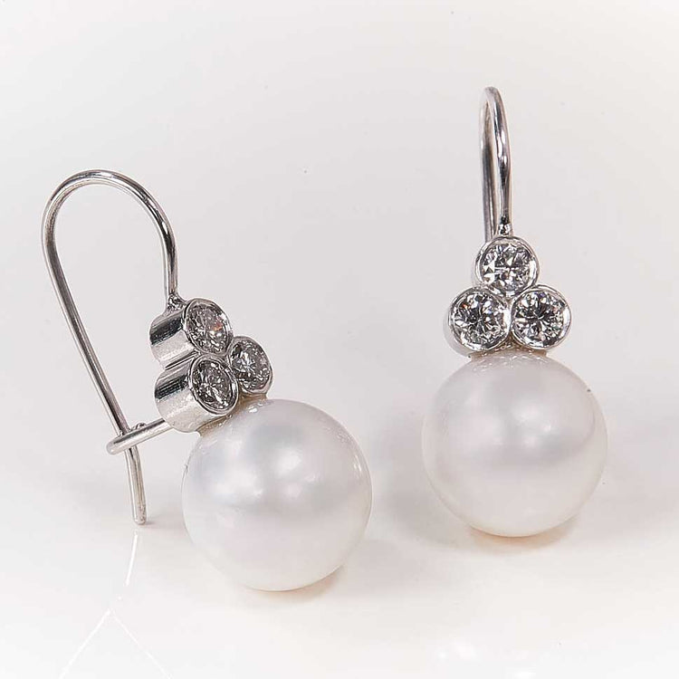 Pearl Earrings with 3 Diamonds